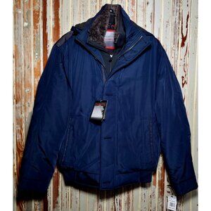 Weatherproof Hooded Parka Jacket Coat Navy Blue Faux Fur Layered Look Mens Small